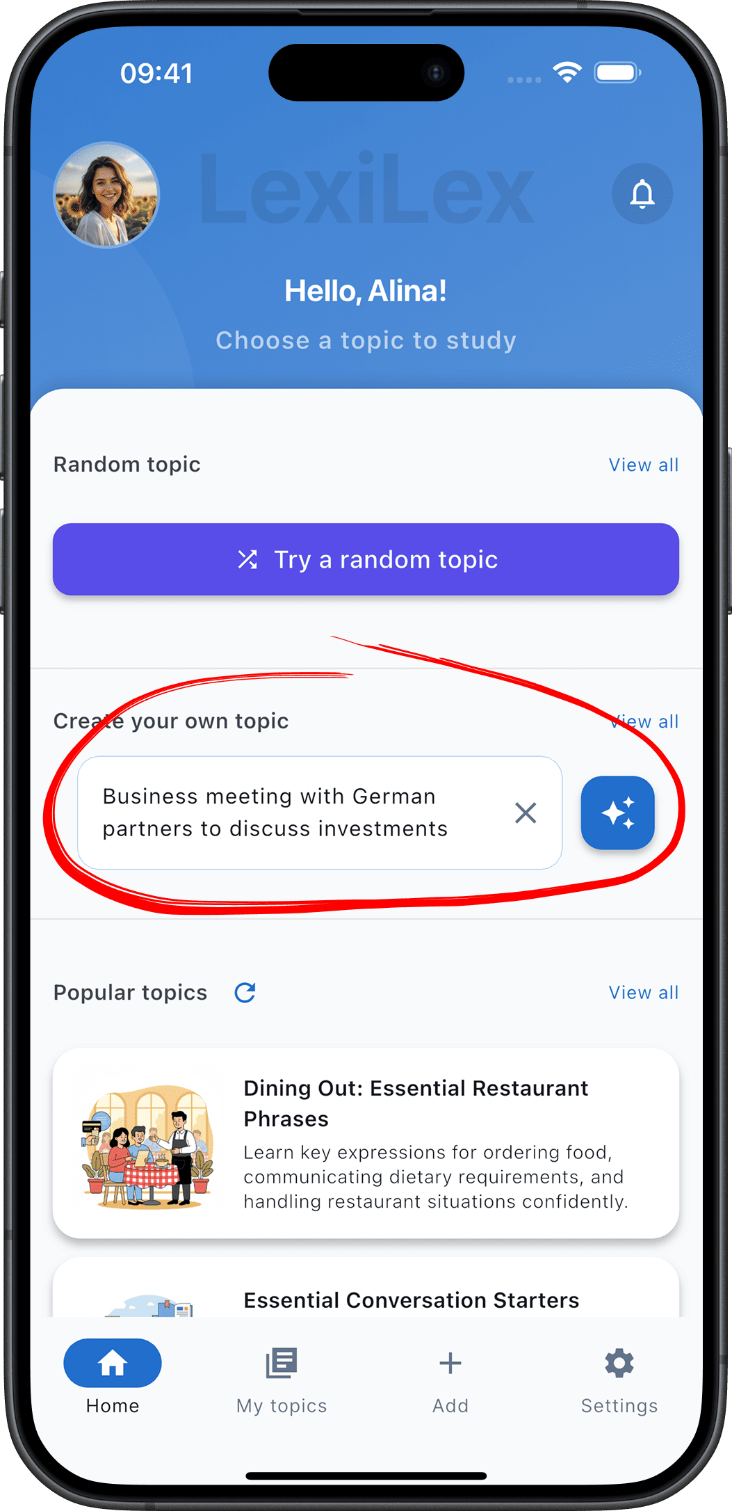 Briefly describe a topic to study. AI will create it for you